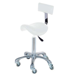 White Saddle seat with back, gas lift and metal chrome feet