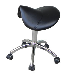 Small Saddle seat with gas lift and metal chrome feet on wheels