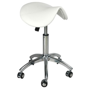 Small white Saddle seat with gas lift and metal chrome feet on wheels